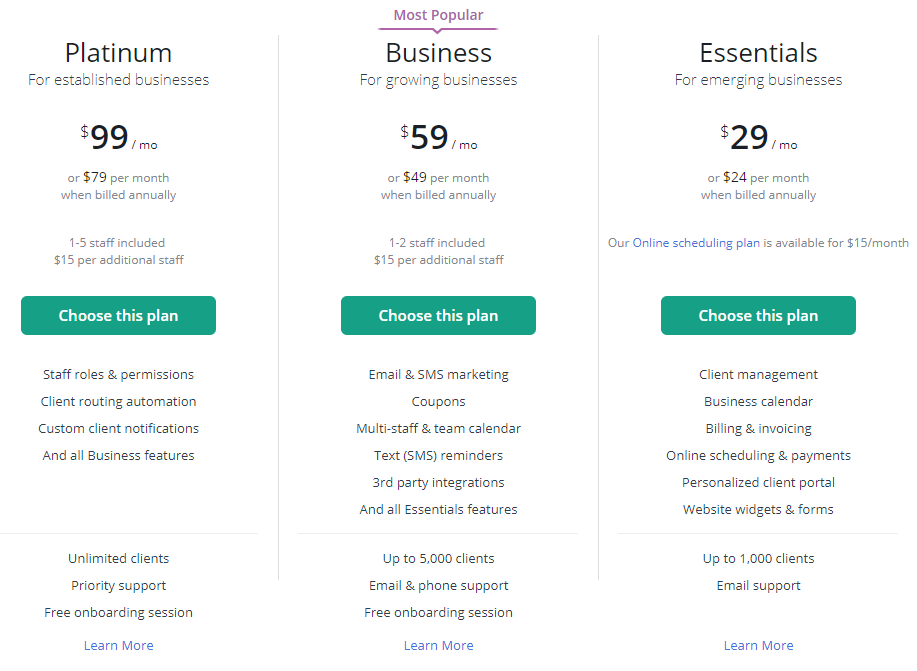 vCita's pricing tiers help serve multiple types of businesses