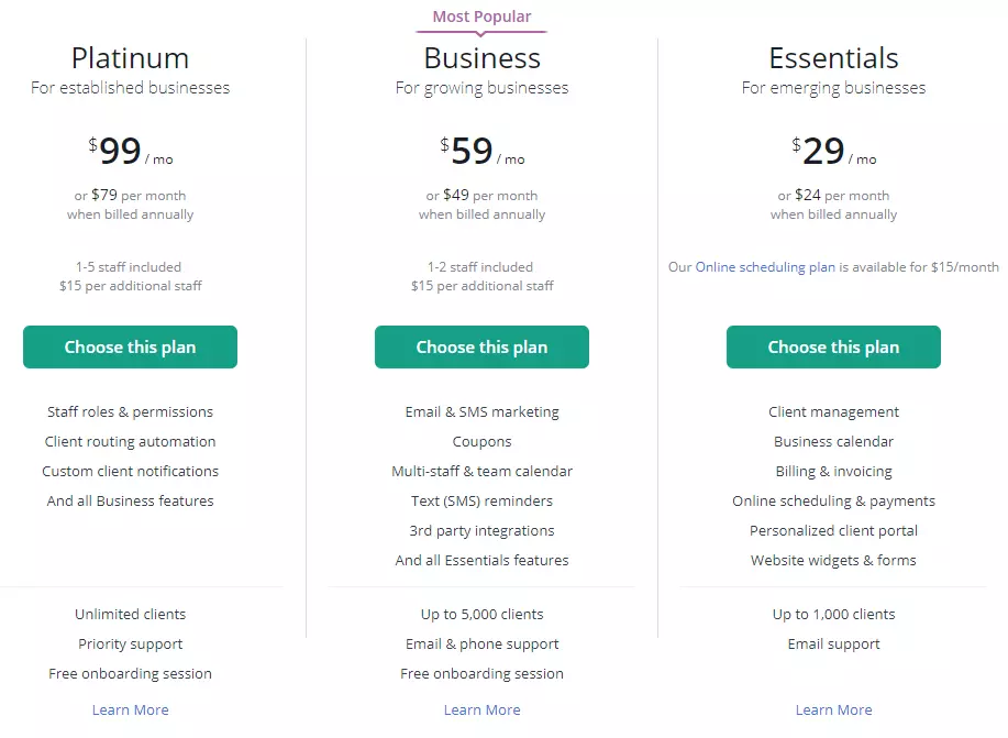 vCita's pricing tiers help serve multiple types of businesses