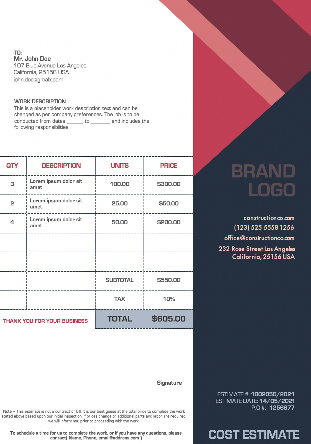 Construction estimate template