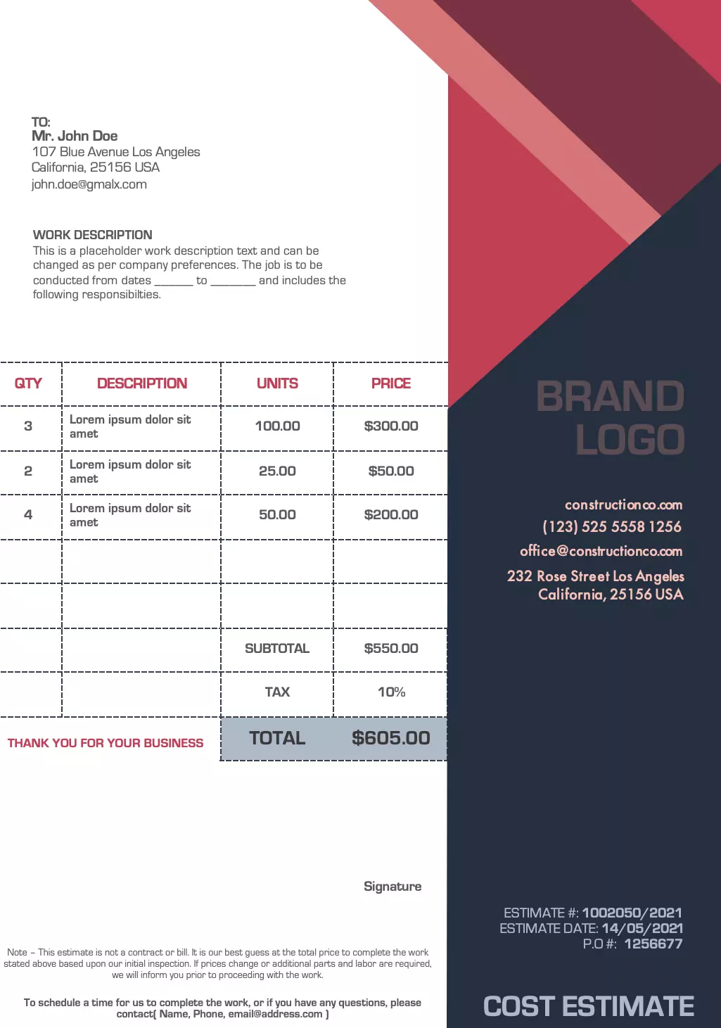 Construction estimate template