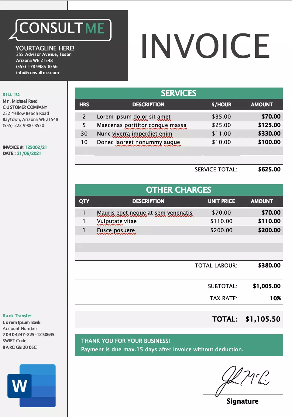 Consultant invoice template word