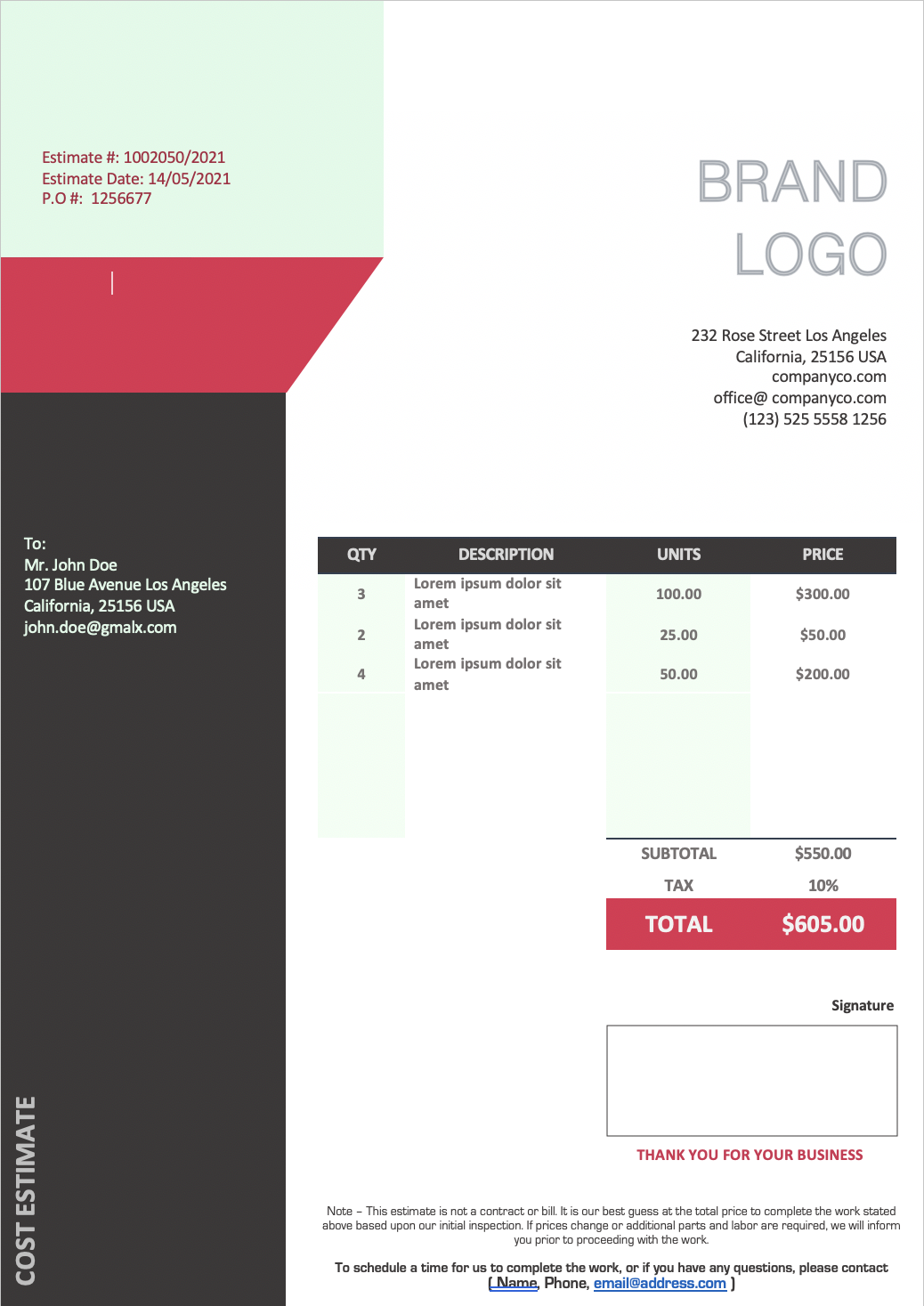 Contractor estimate template