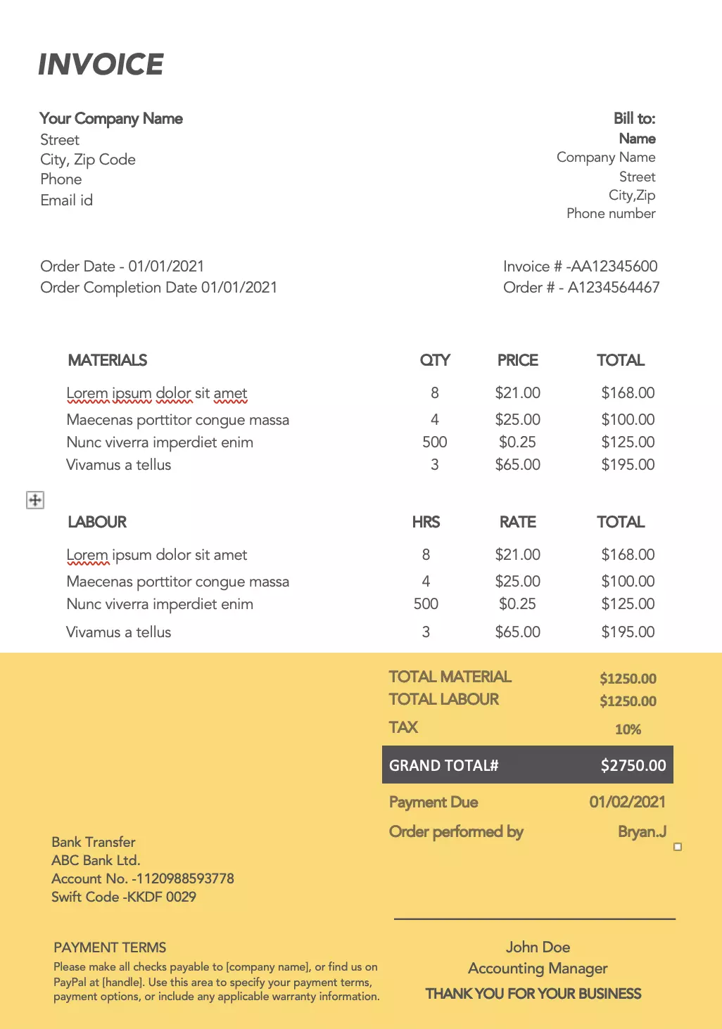 Electric plummer contractor invoice template