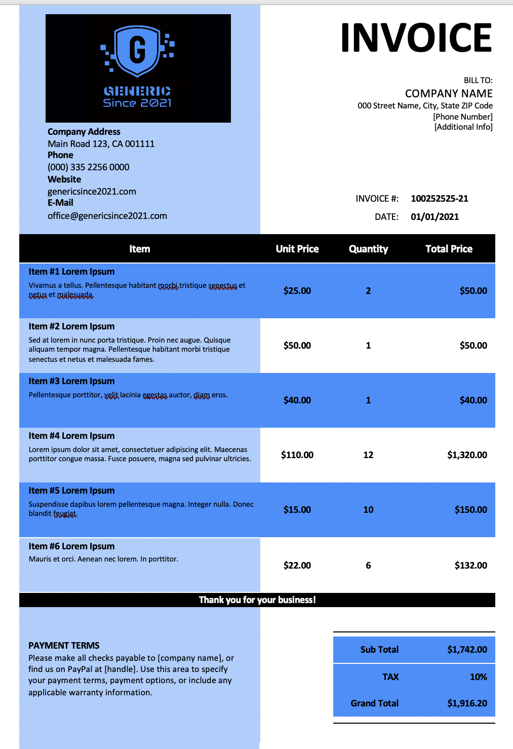 Generic invoice template