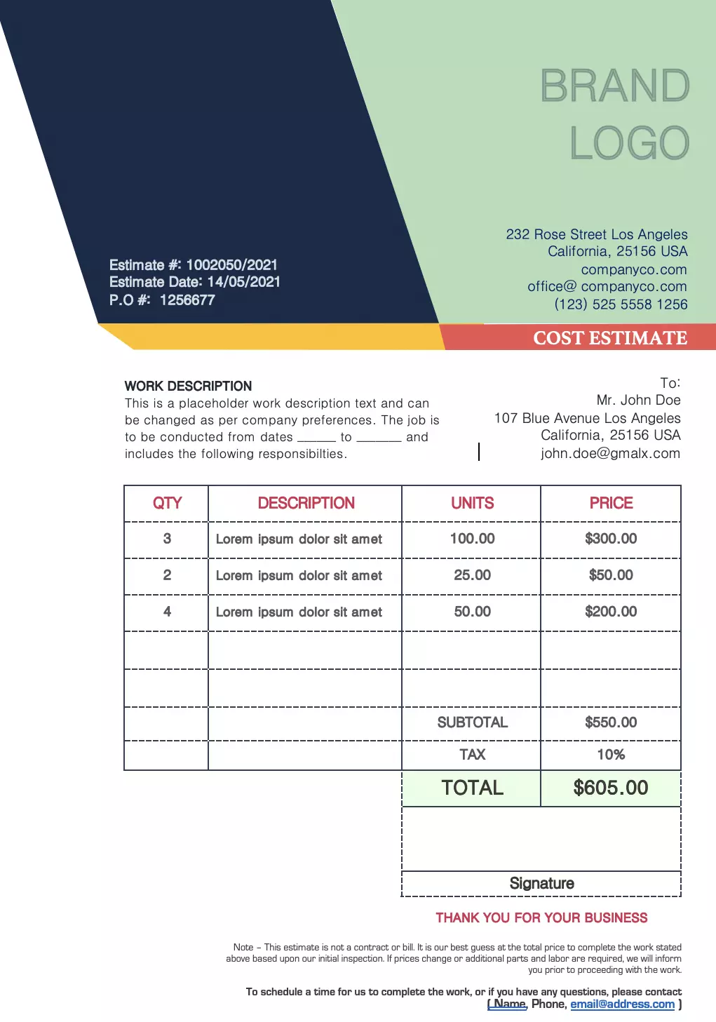 Handyman estimate template