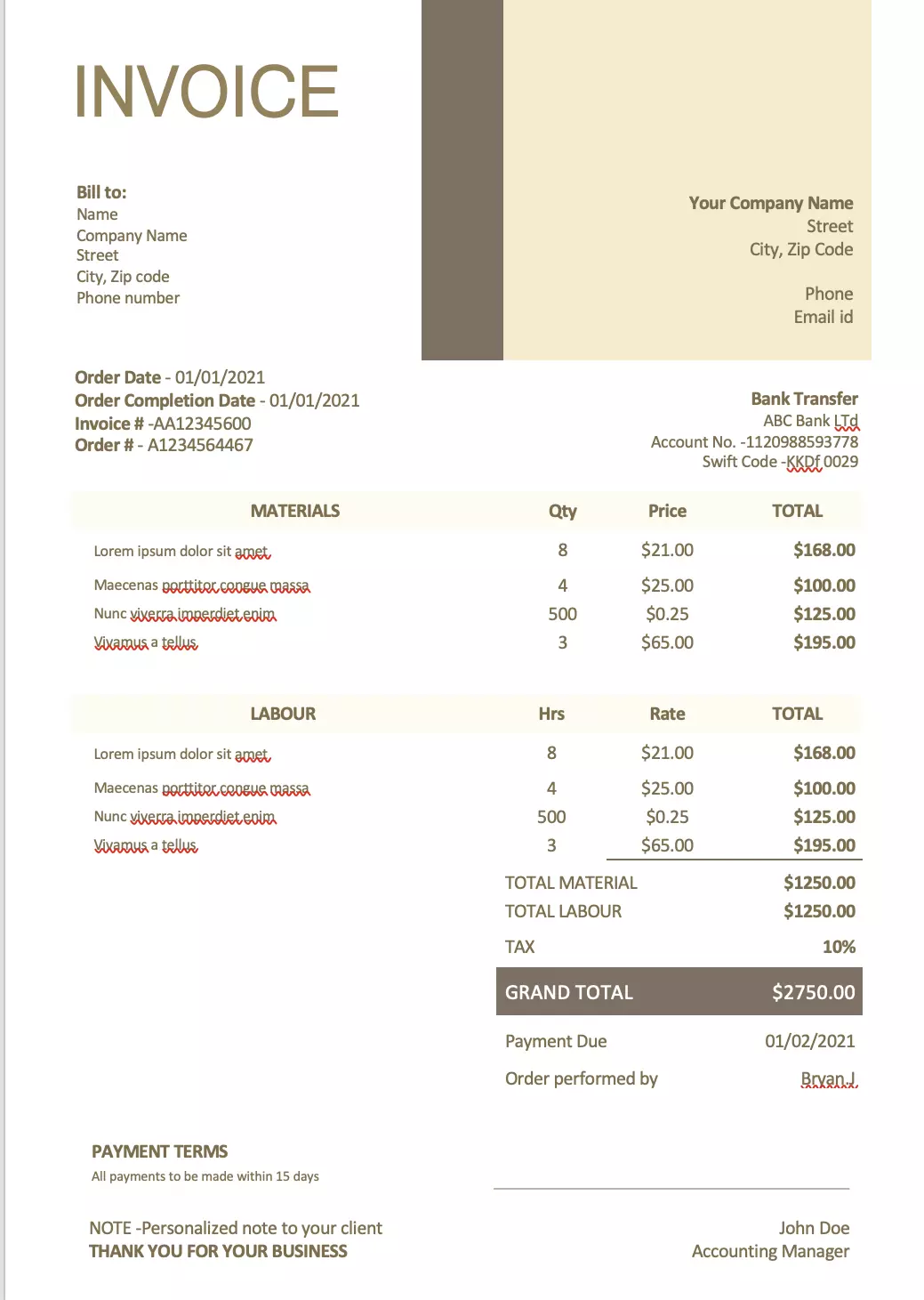 Home repair contractor invoice template