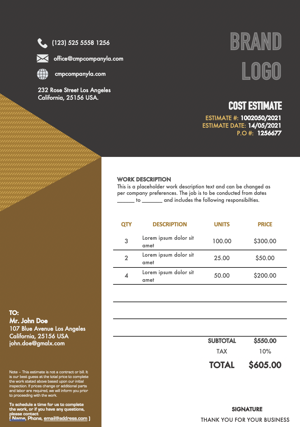 Home repair estimate template