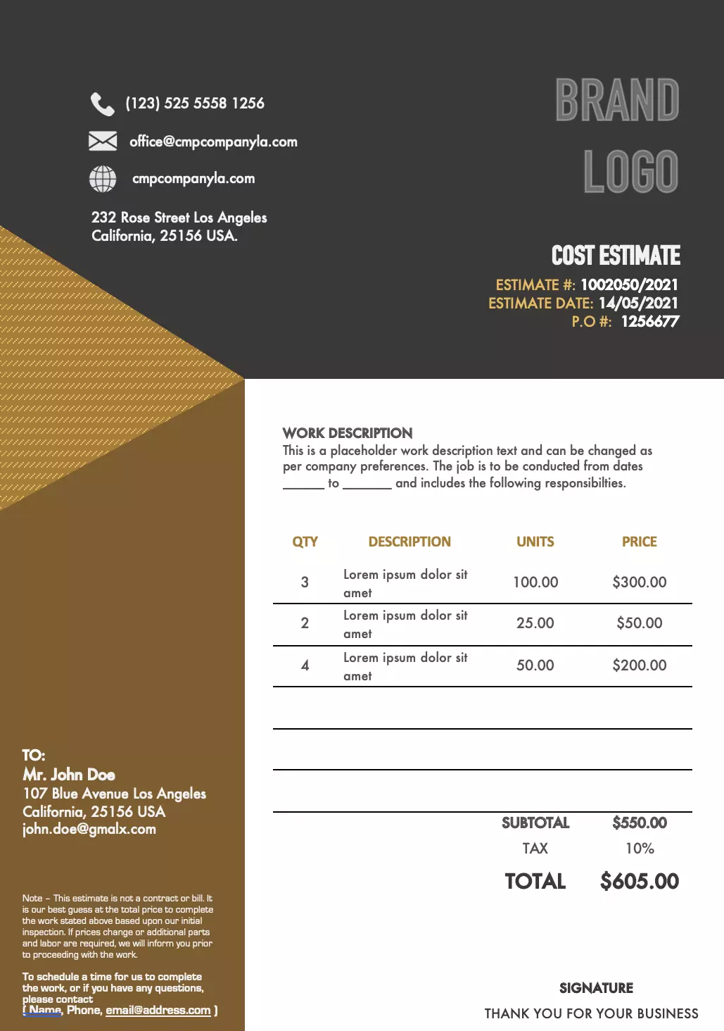 Home repair estimate template