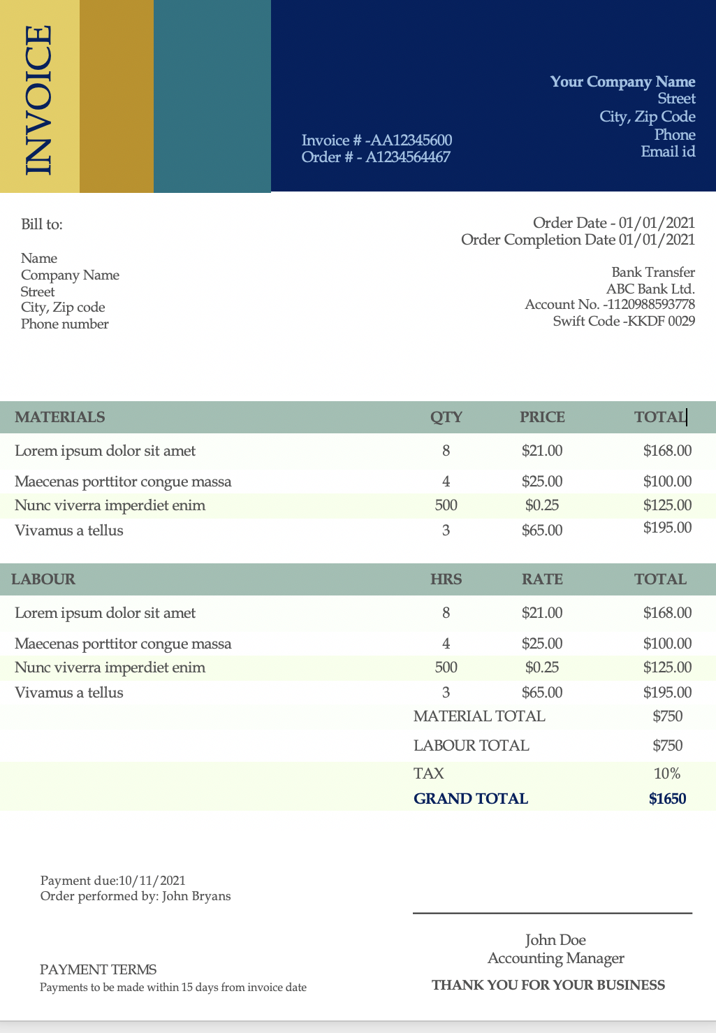 Free invoice template designs for contractors  Free download! Throughout Contractor Invoices Templates
