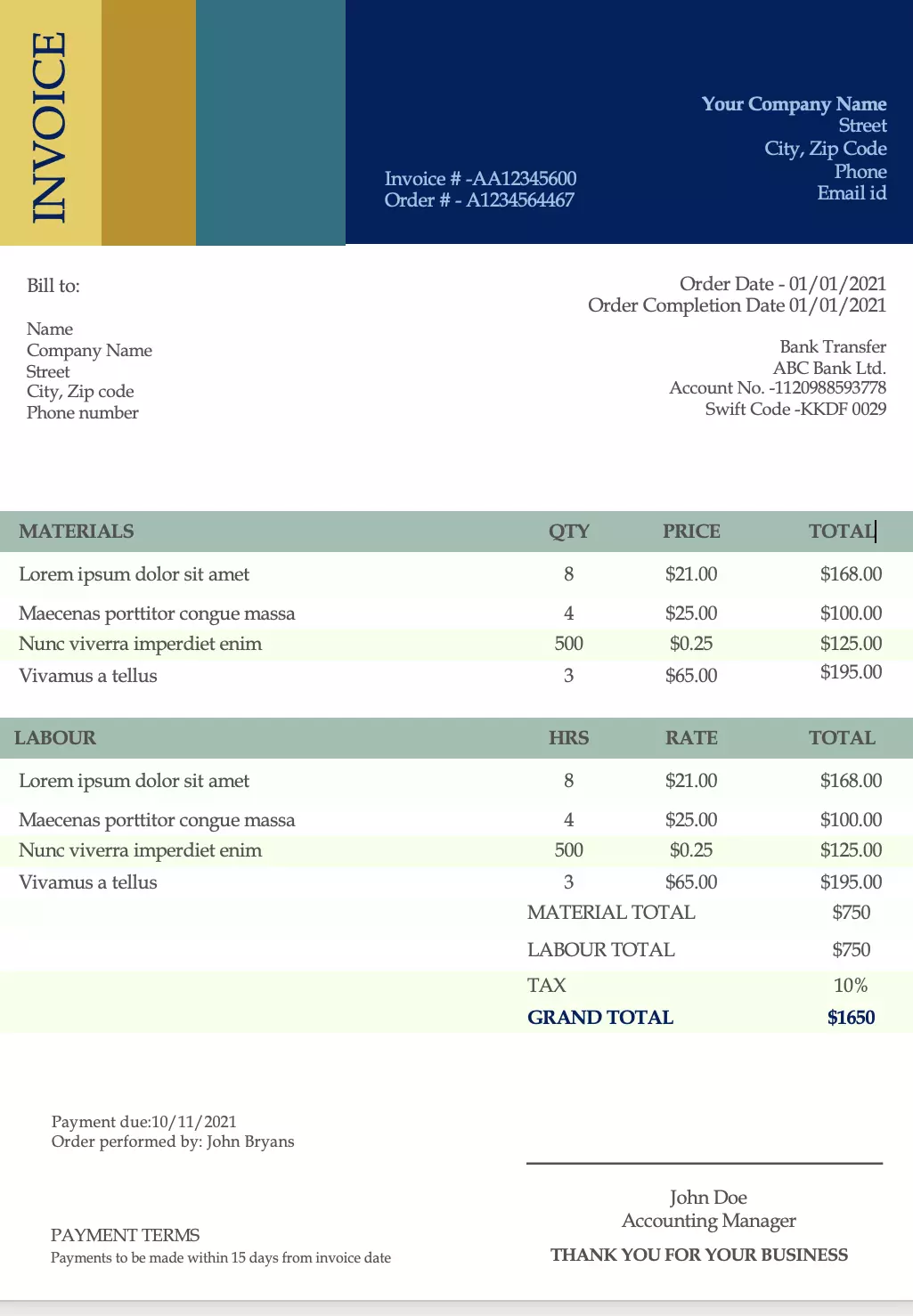 Landscapers contractor invoice template