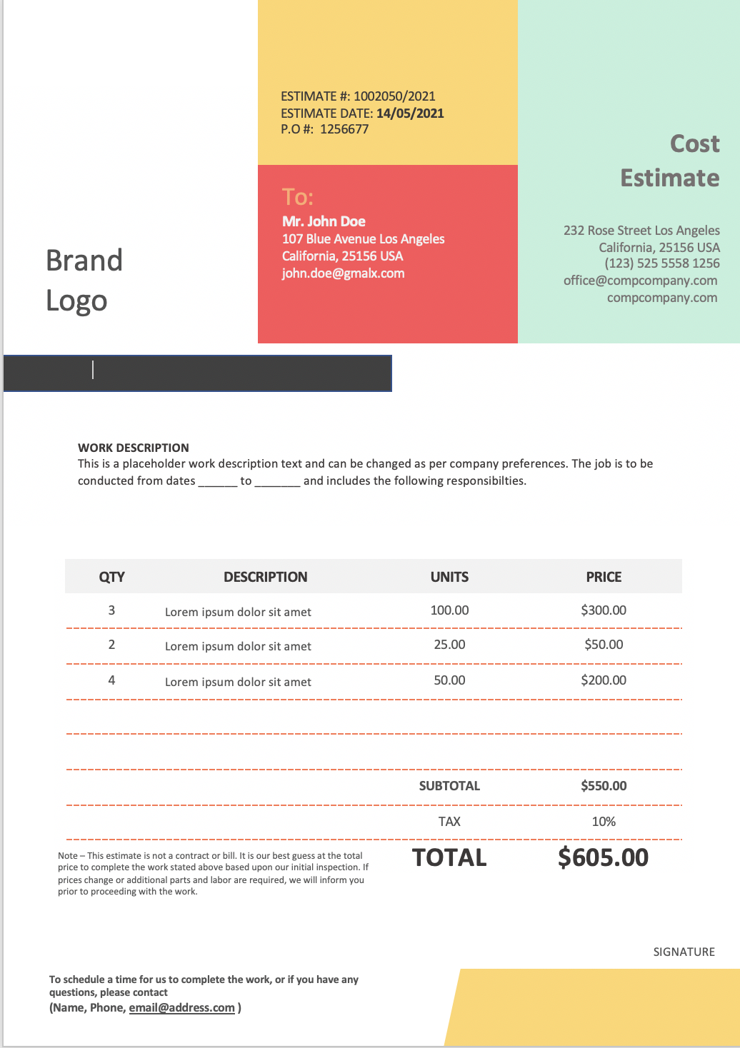 Landscaping estimate template