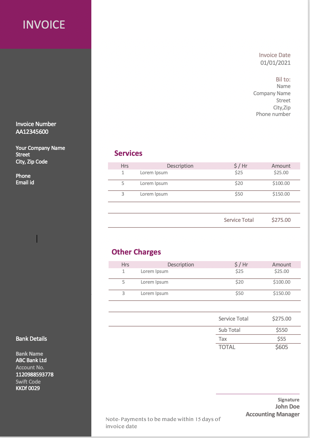 Marketing consultant contractor invoice template