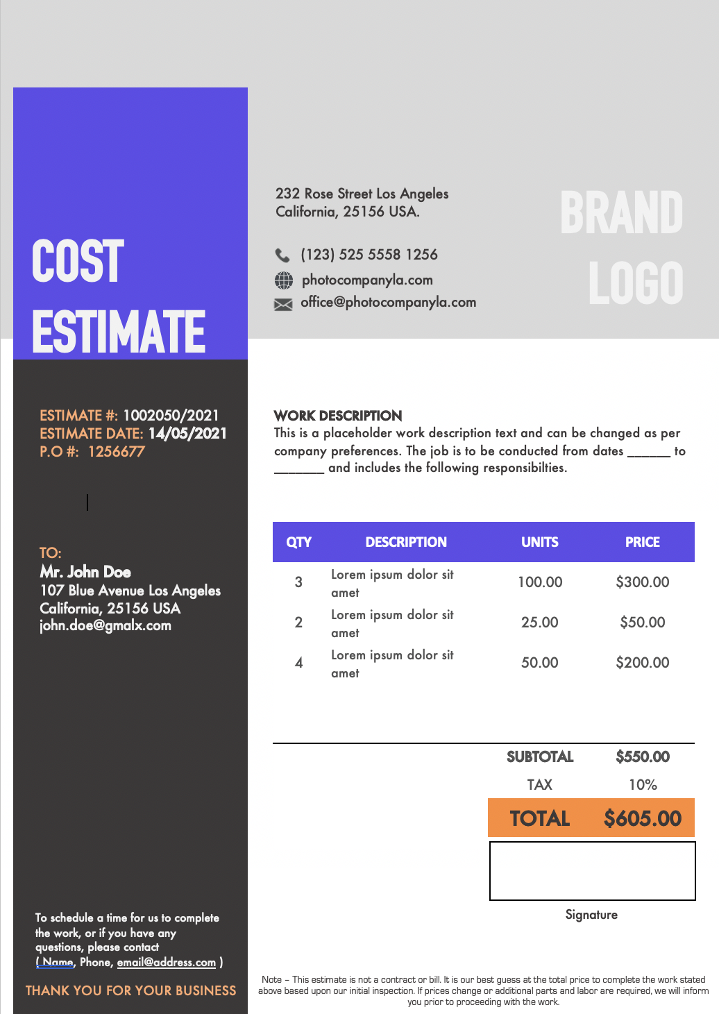 Painting cost estimate template