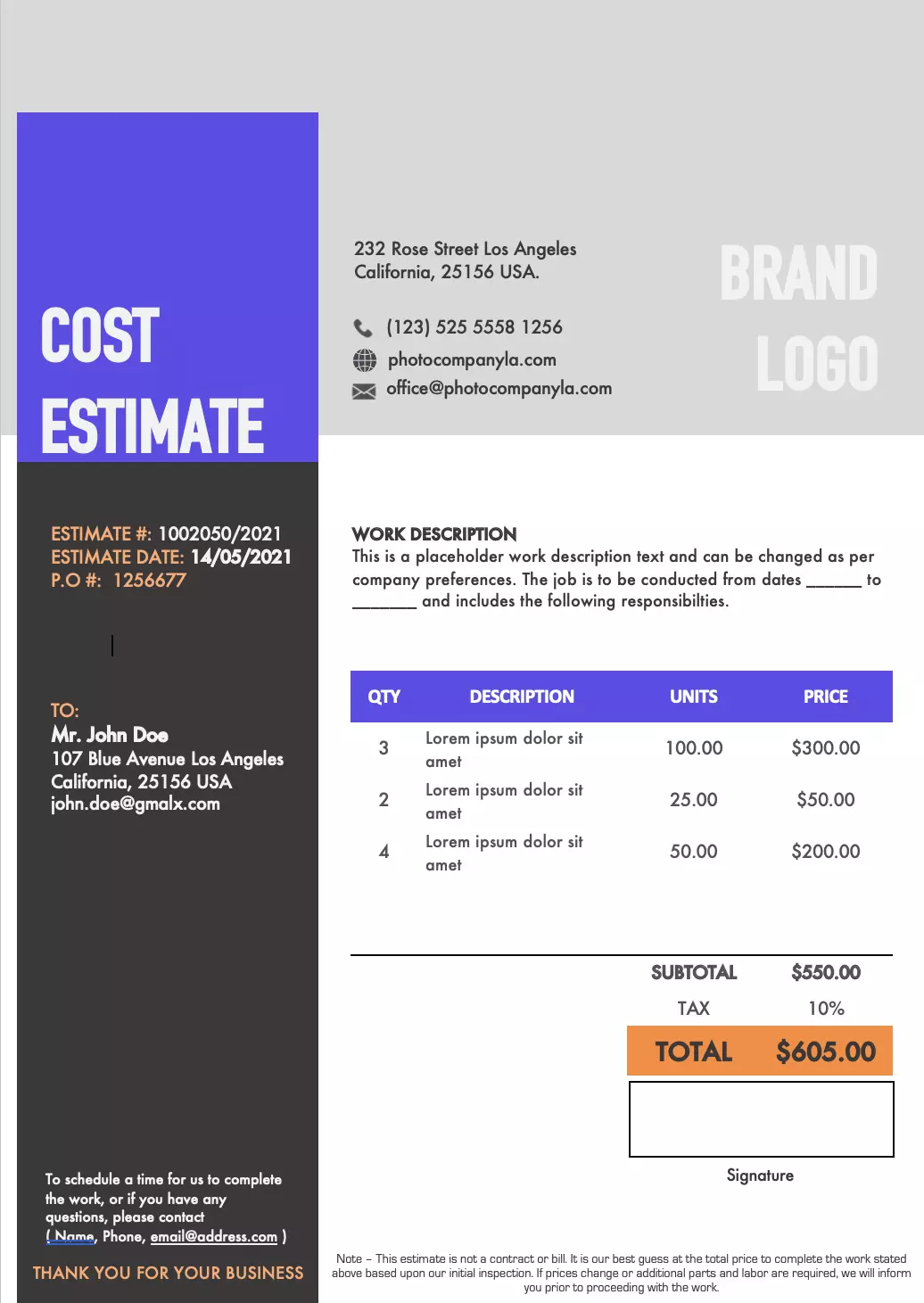 Painting cost estimate template