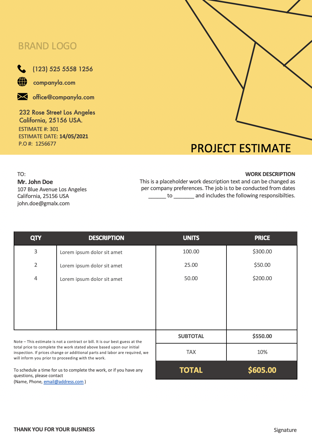 Project estimate template