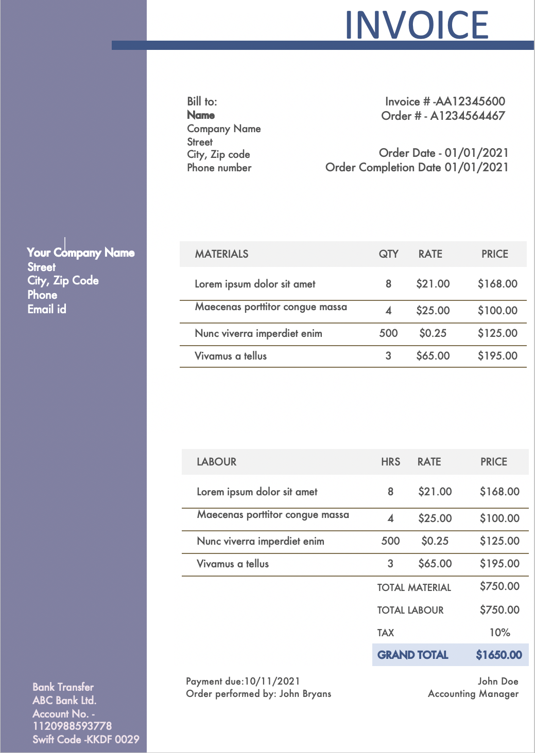 Free invoice template designs for contractors  Free download! Throughout Roofing Invoice Template Free