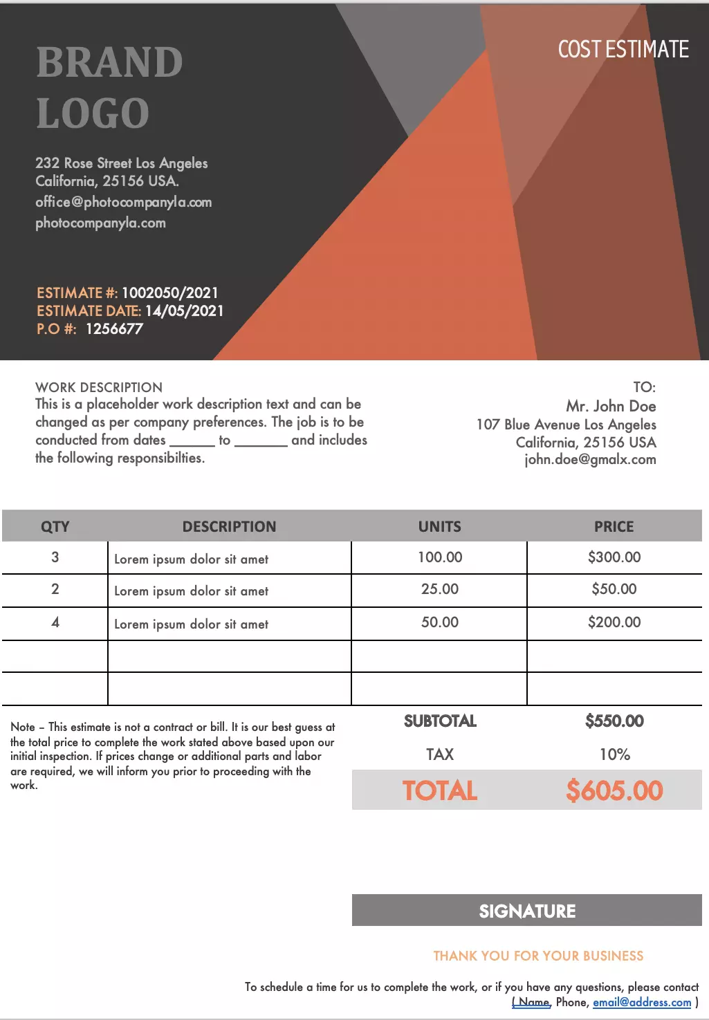 Roofing cost estimate template
