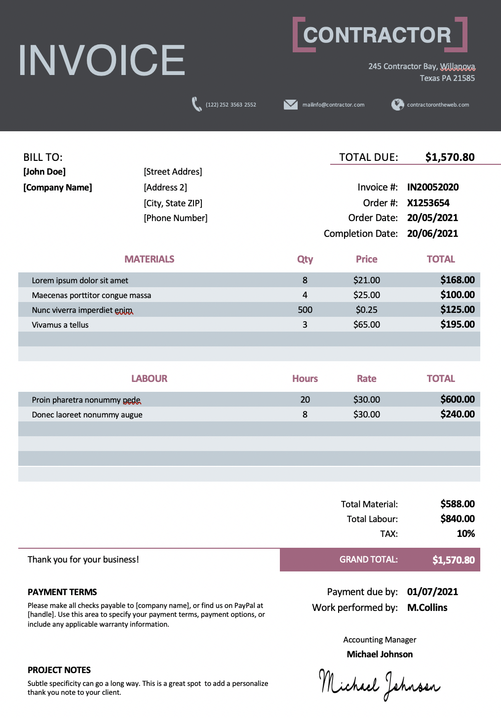invoice template contractor