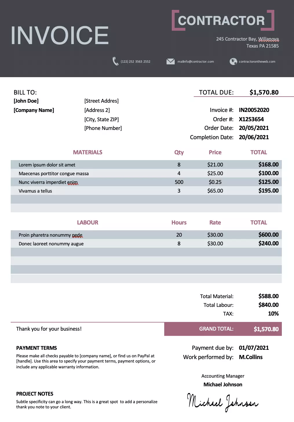 invoice template contractor