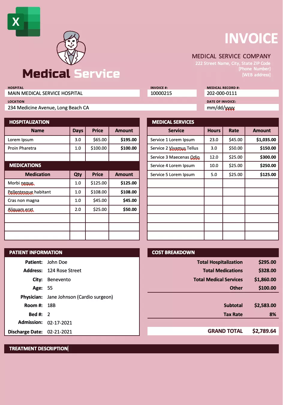 medical service tamplate image excel