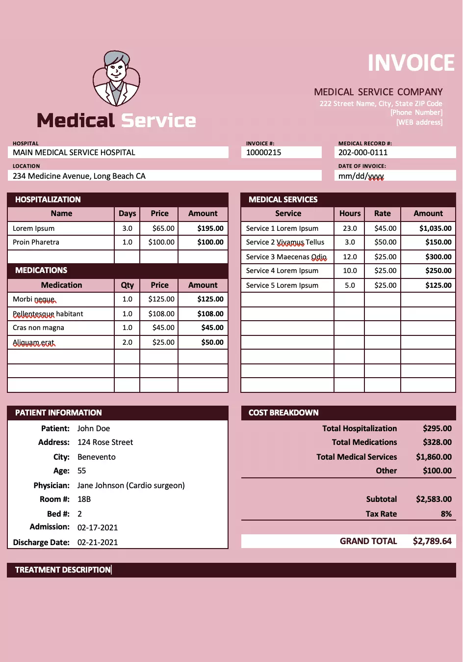 medical service invoice template image