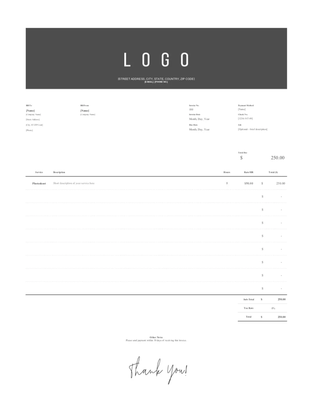 photography receipt template