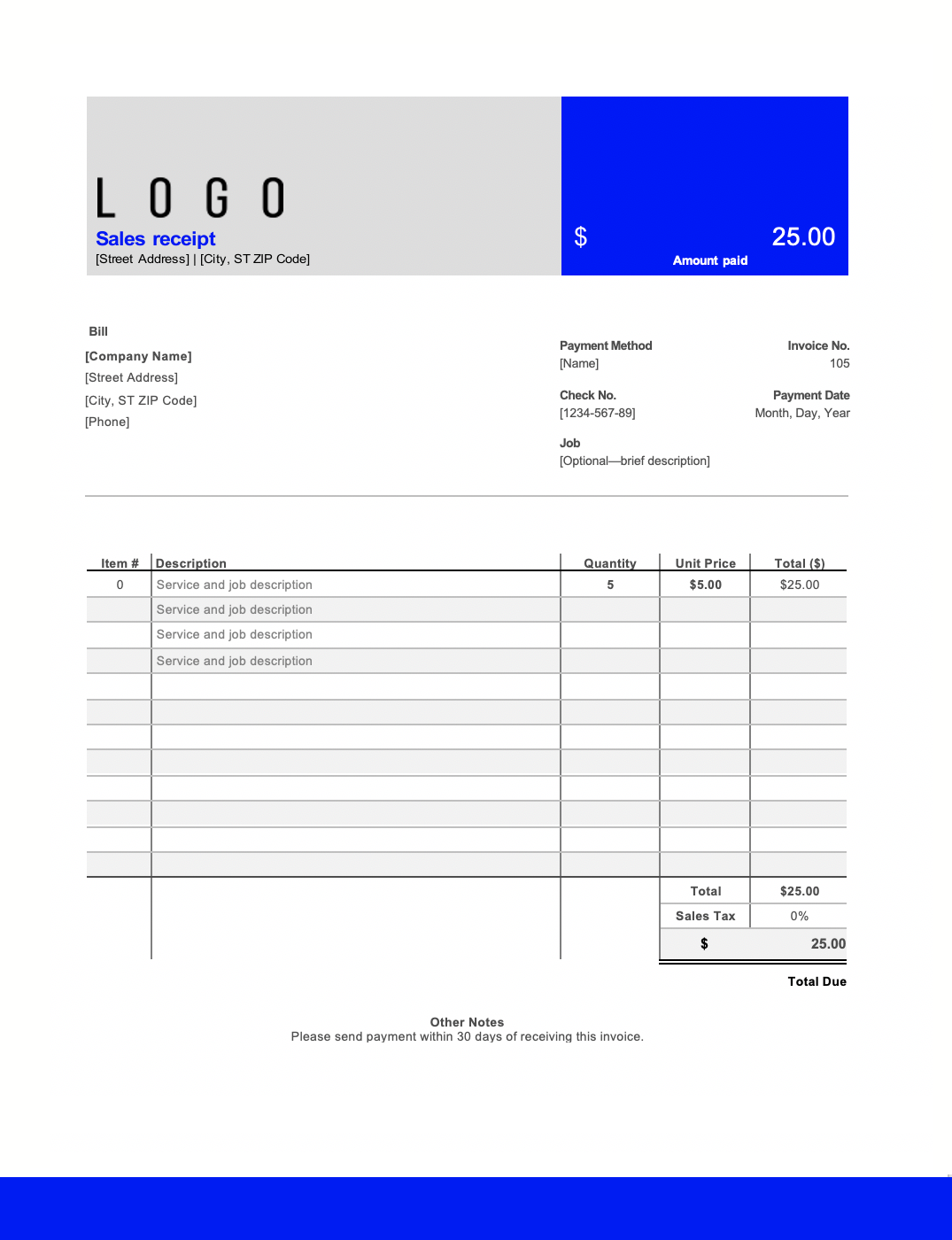 receipt excel template