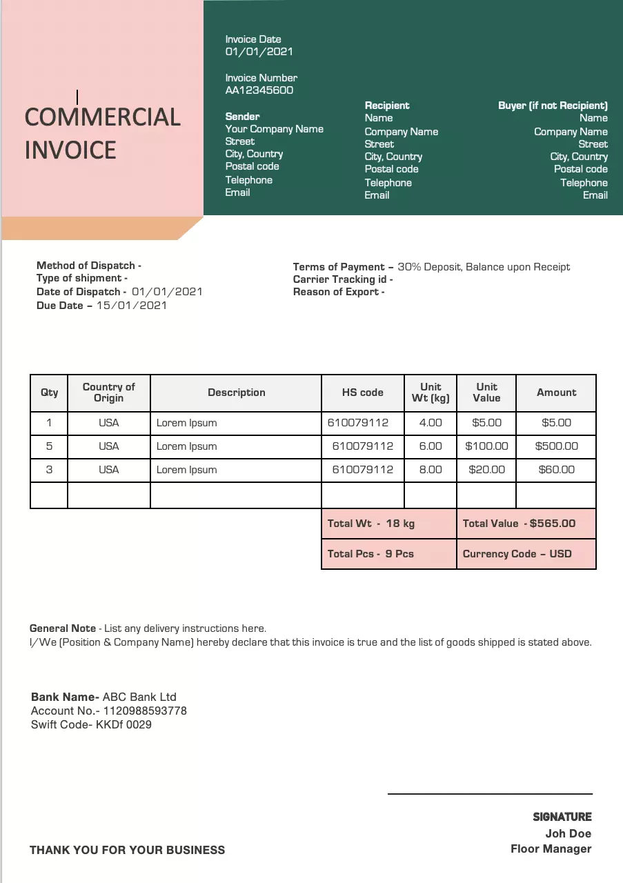 Commercial invoice template