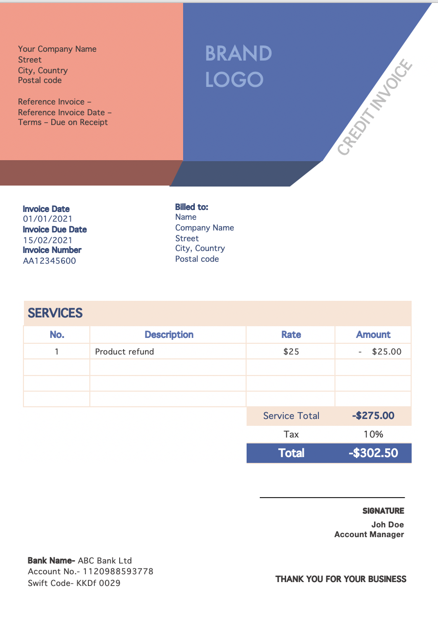 Credit invoice template