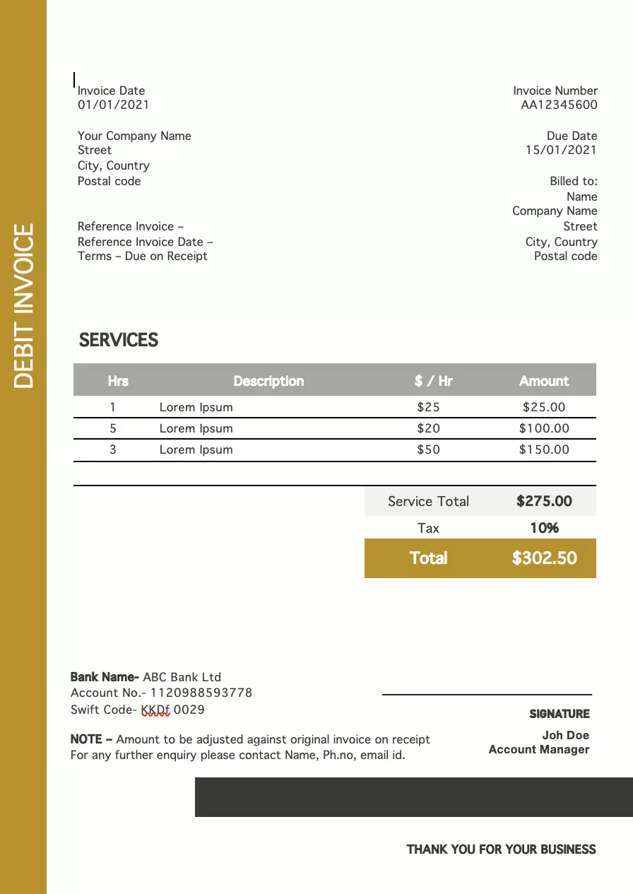 Debit invoice template