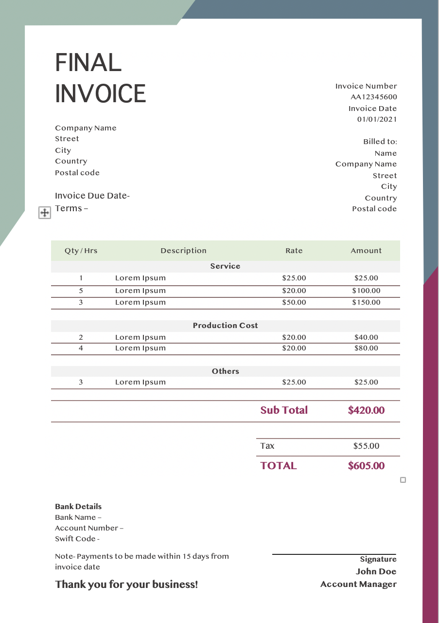 Final invoice template