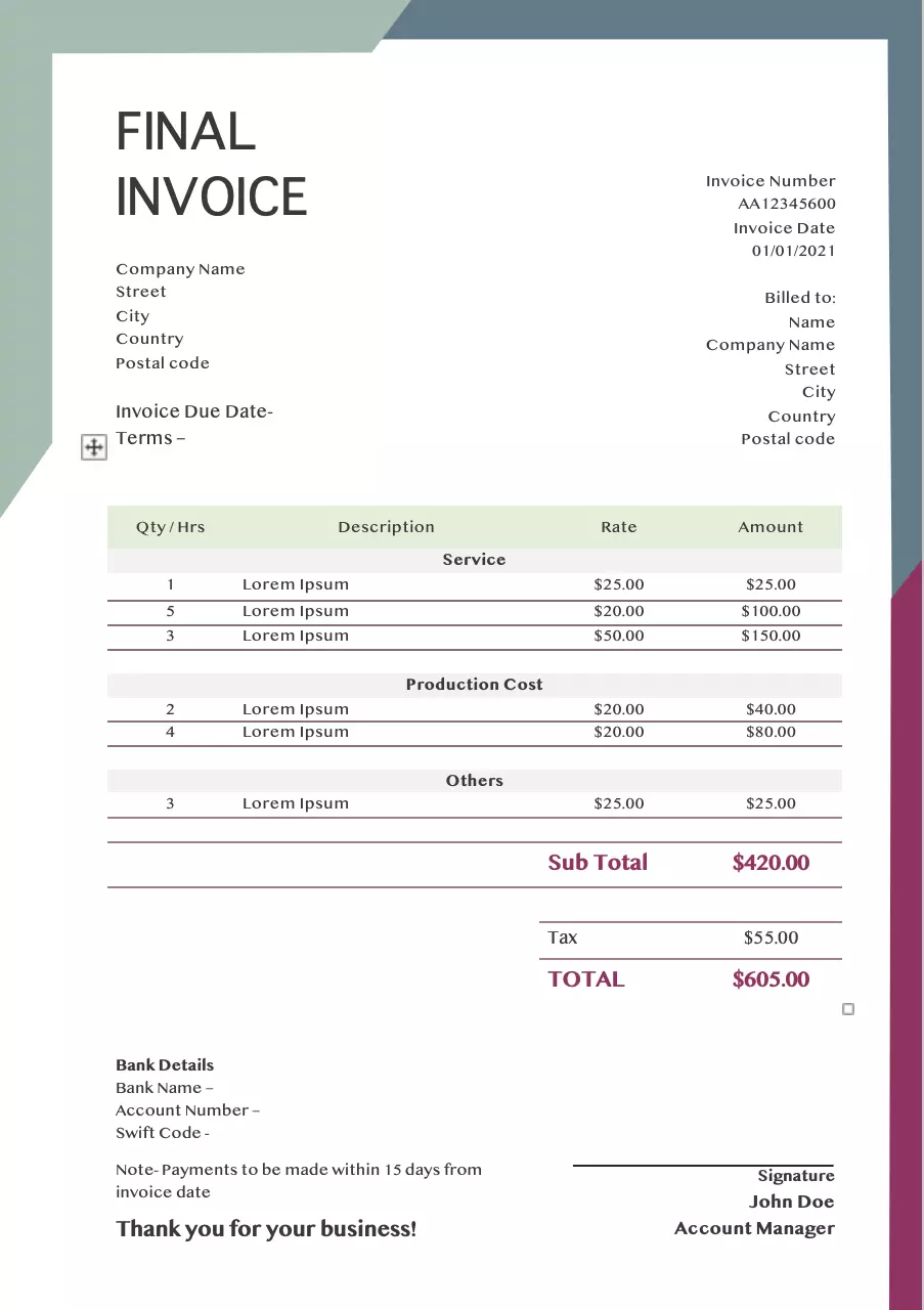 Final invoice template