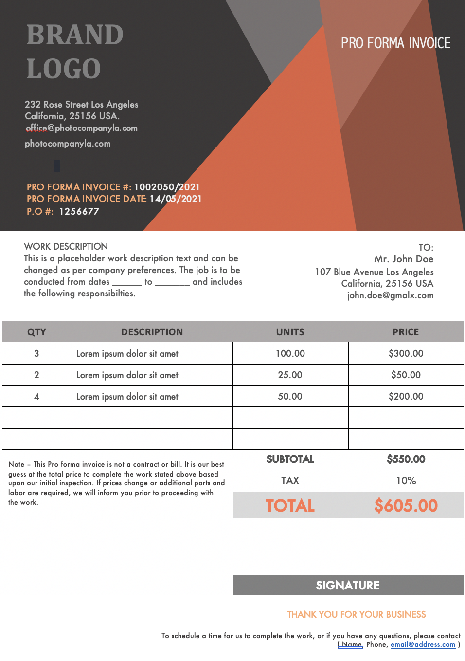 Pro forma invoice