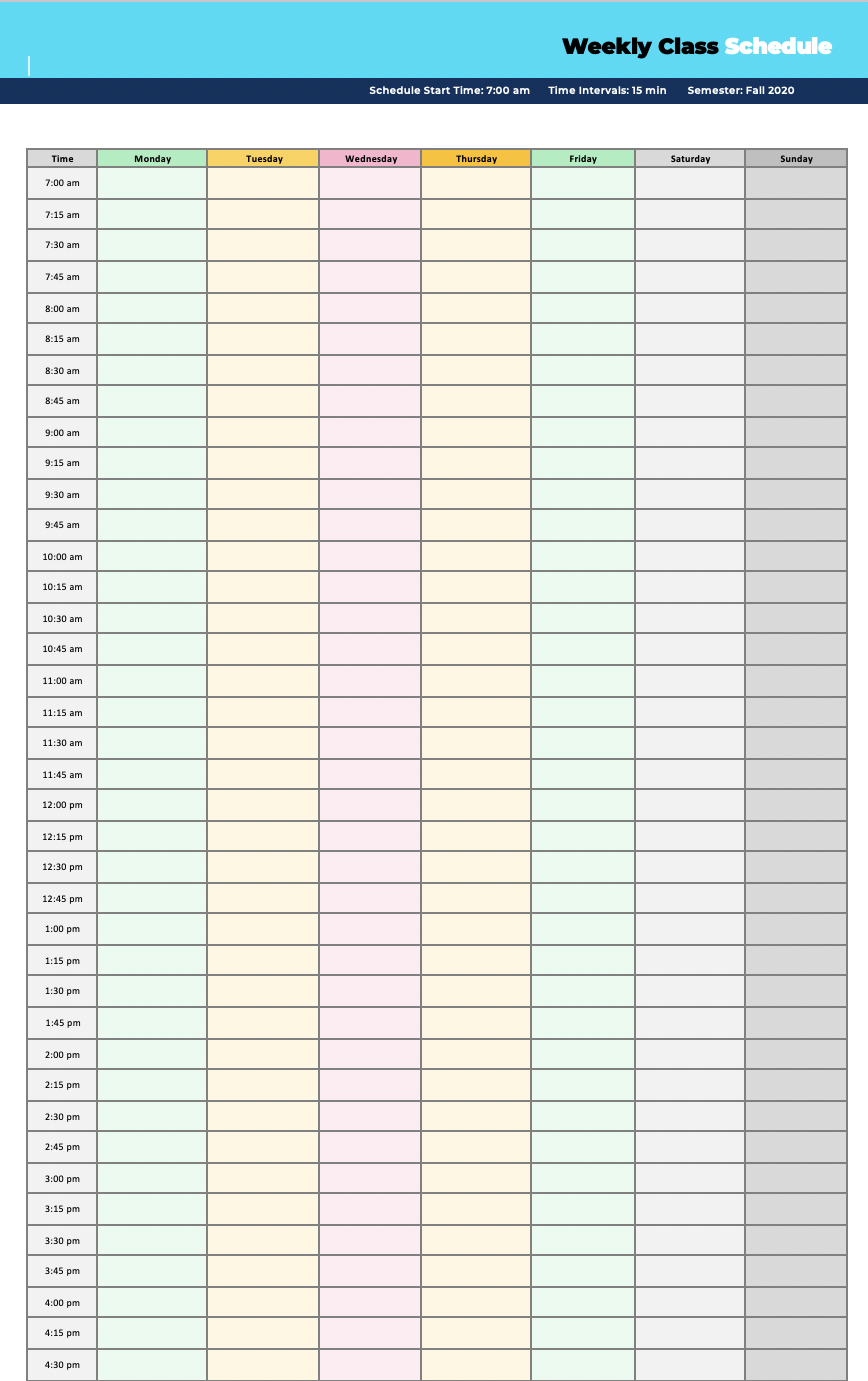 Weekly class schedule template