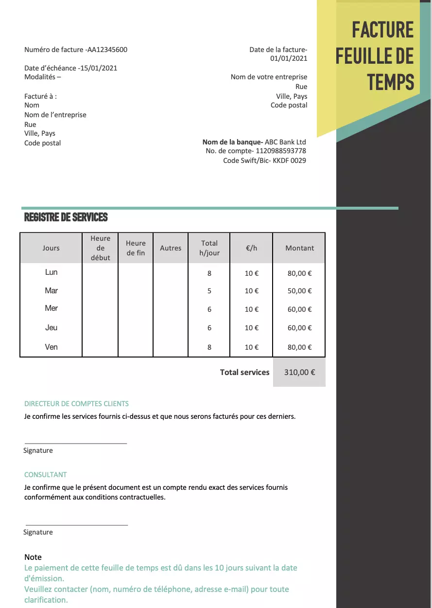 facture feuille de temps