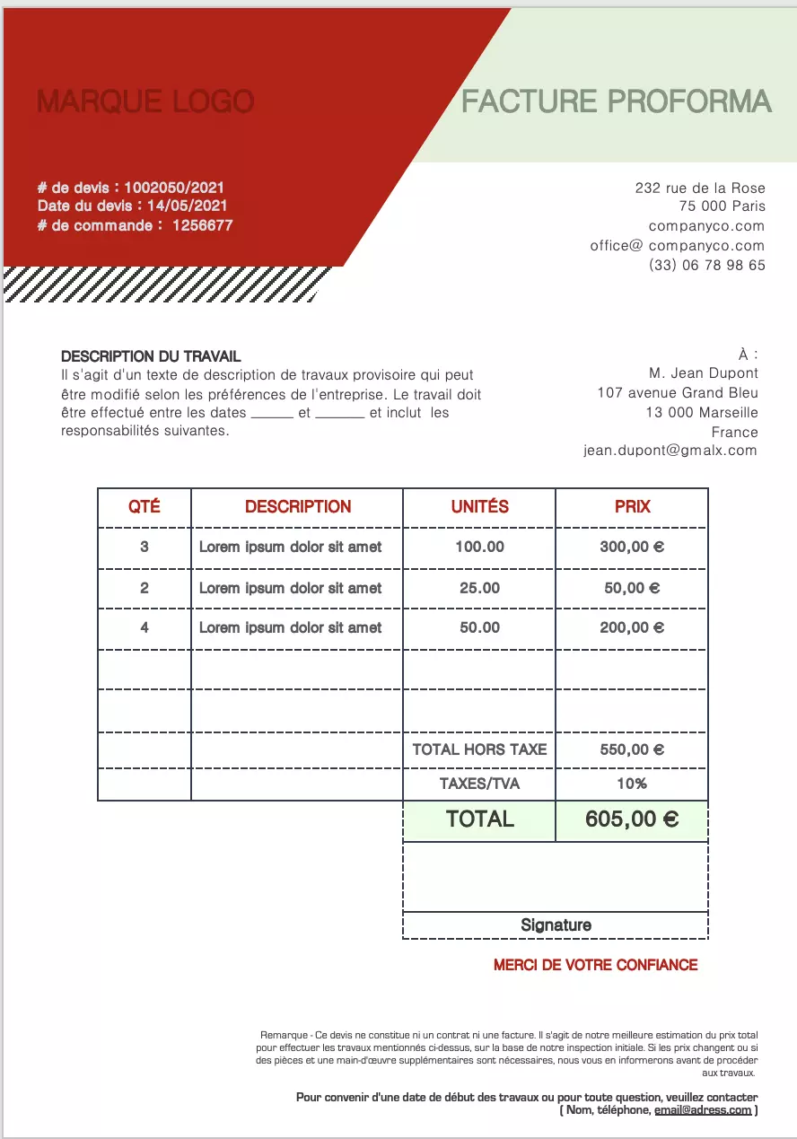 exemple de modèle Excel de facture pro forma