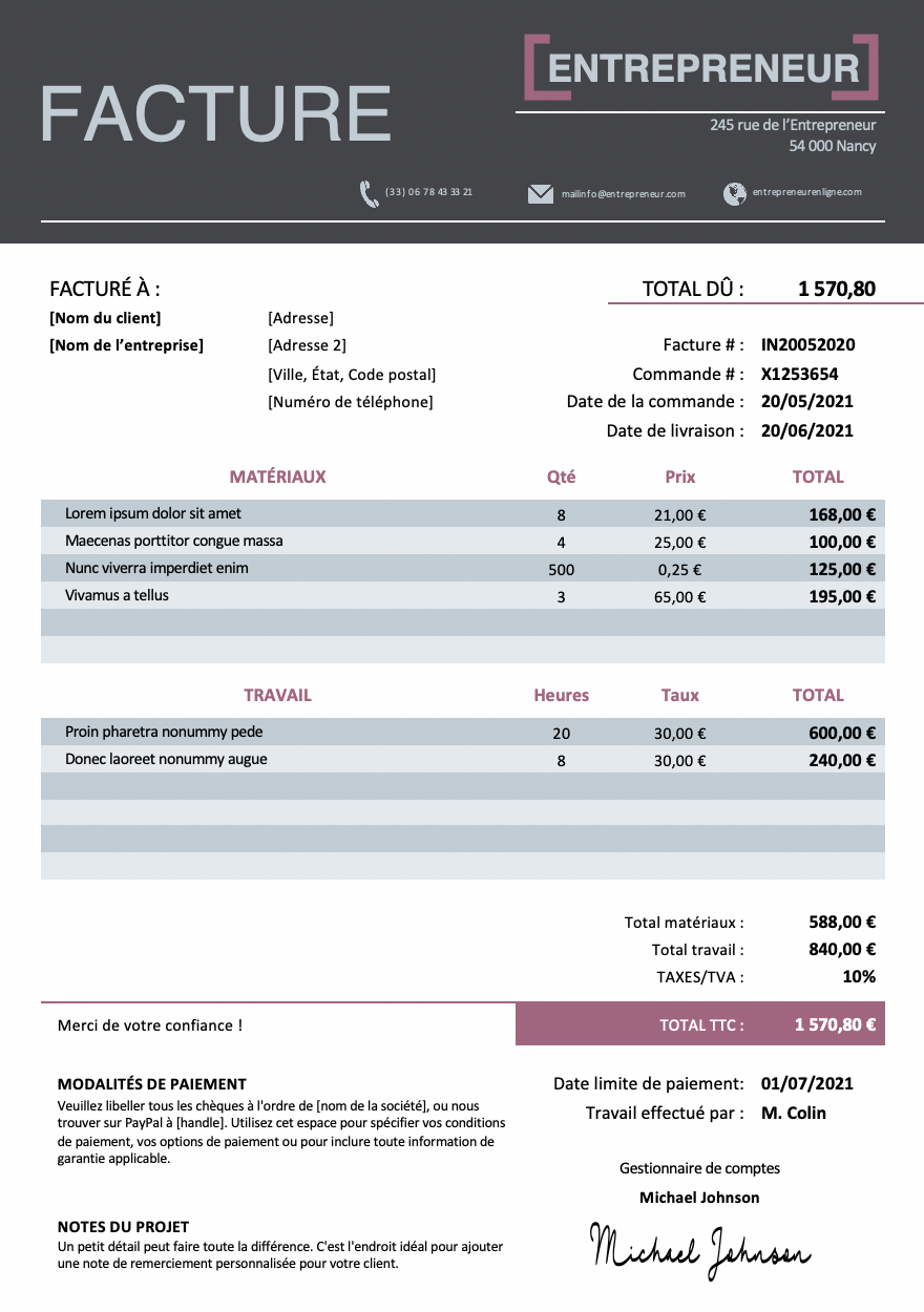 modele facture entrepreneur