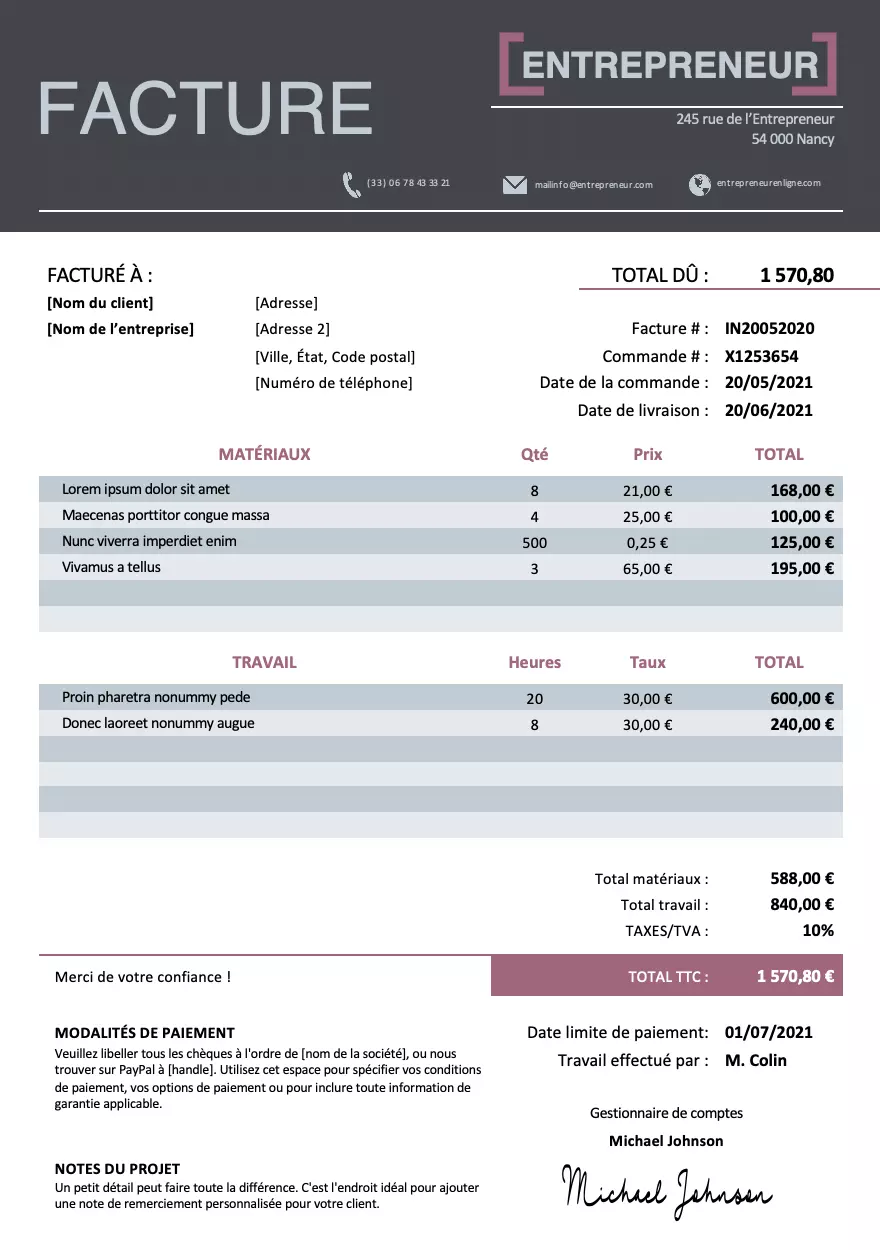 modele facture entrepreneur