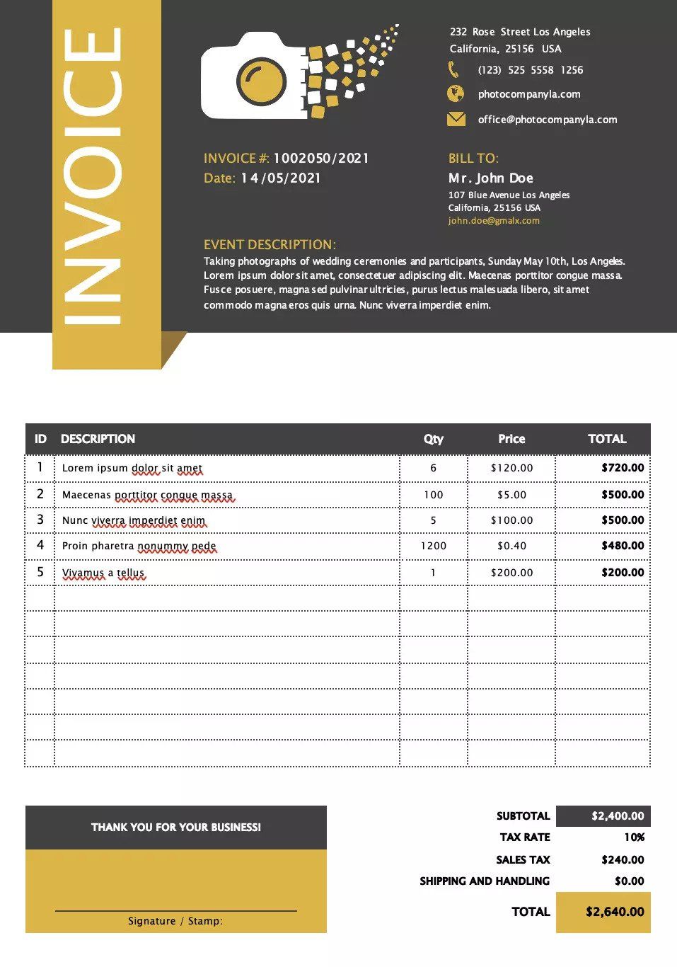 Photography Invoice Template Free Download