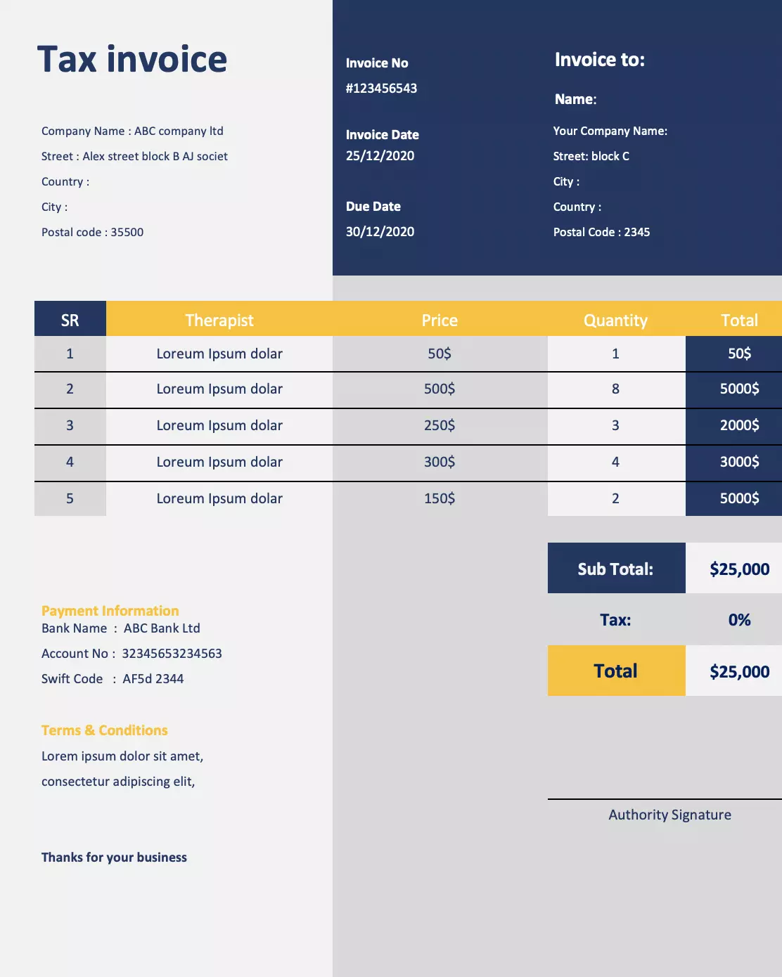 Tax cleaning invoice