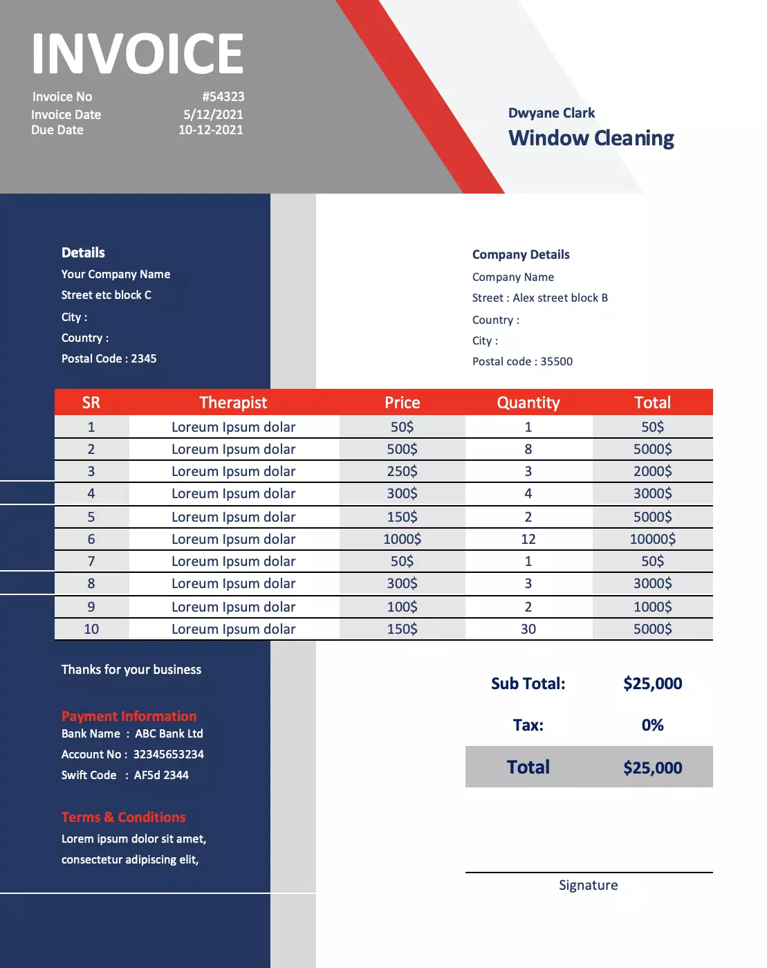 Window cleaner invoice