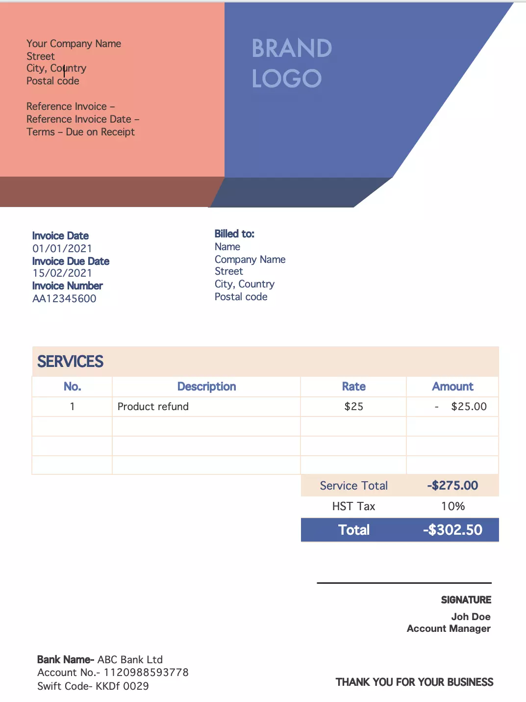 Canada tax invoice with HTS