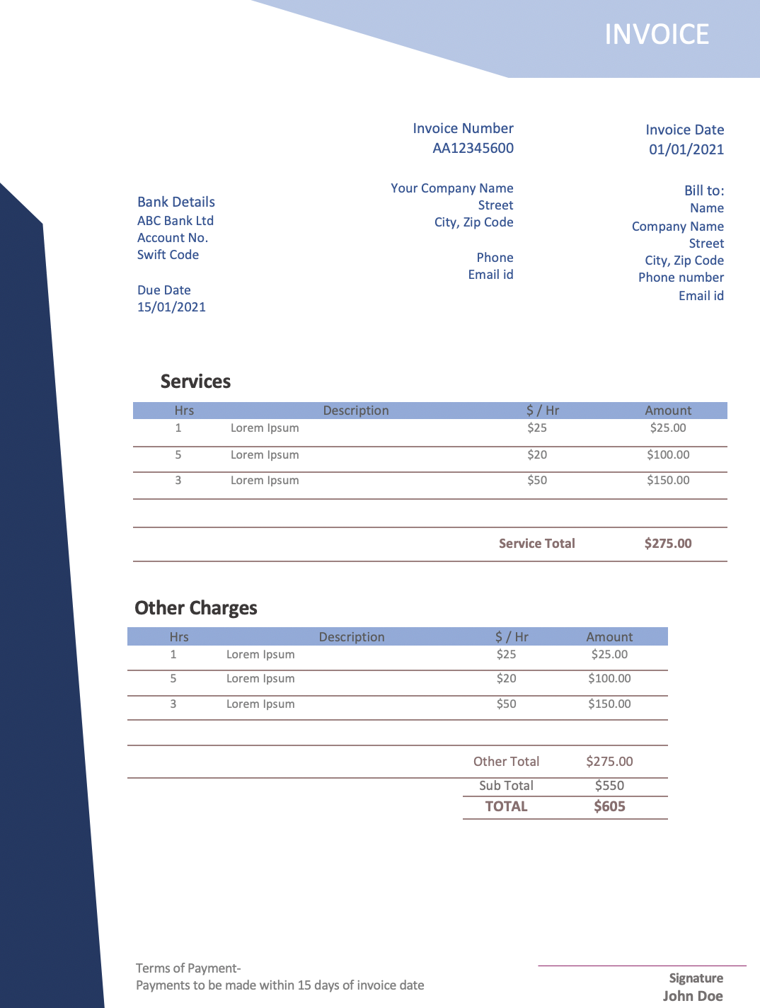 invoice template excel australia