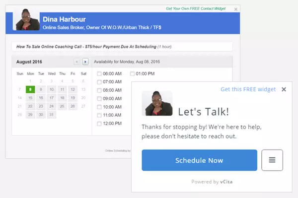 Being available for clients: the LiveSite widget lets website visitors schedule an appointment with Dina in a few clicks