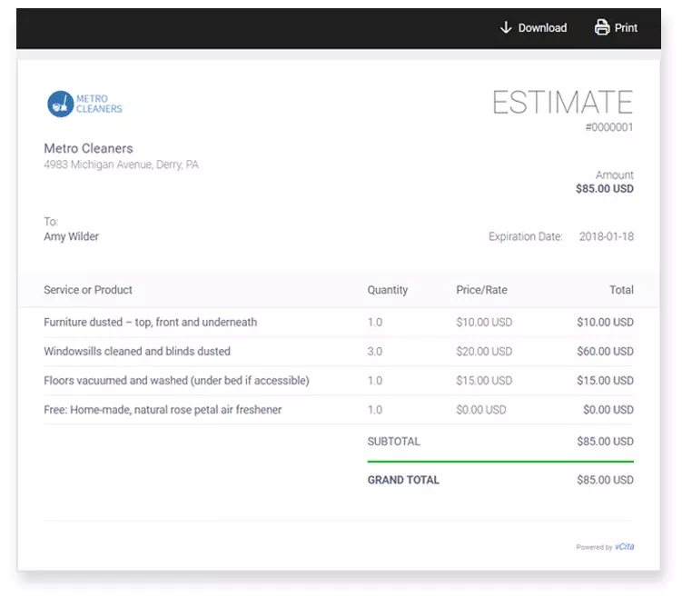 Price estimate sample