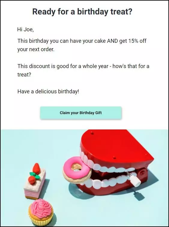 Example of a promotional birthday email