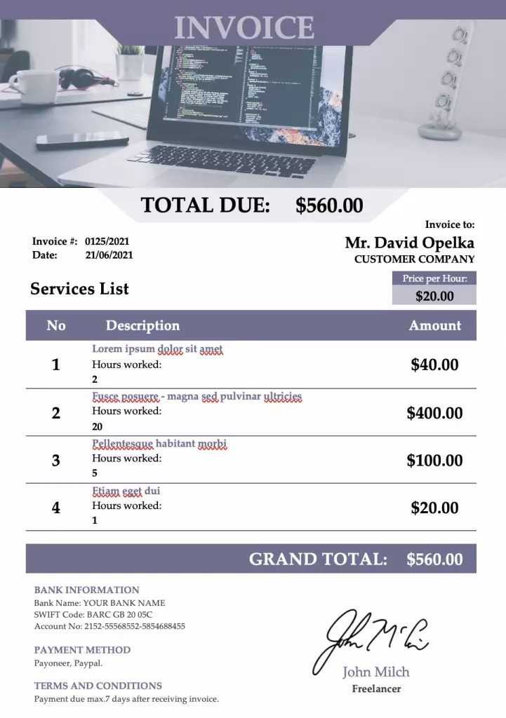 freelancer invoice template