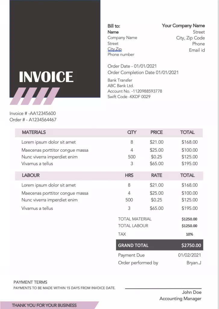 designer contractor invoice template