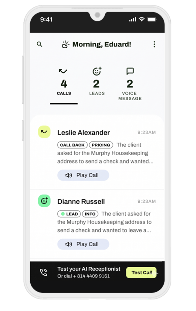 AI Receptionist dashboard showing captured calls, leads, and voice messages overnight – inTandem mobile app