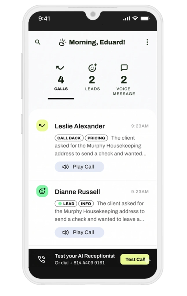 AI Receptionist dashboard showing captured calls, leads, and voice messages overnight – inTandem mobile app